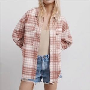 Zara Shacket Button Down Faux Suede Plaid in Blush Pink & Cream Size Small